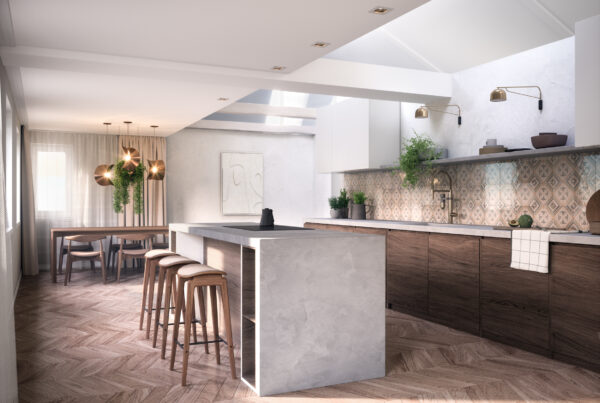 Interieurvisualisierung der von uns entworfenen Einrichtung eines Penthouses in Paderborn.